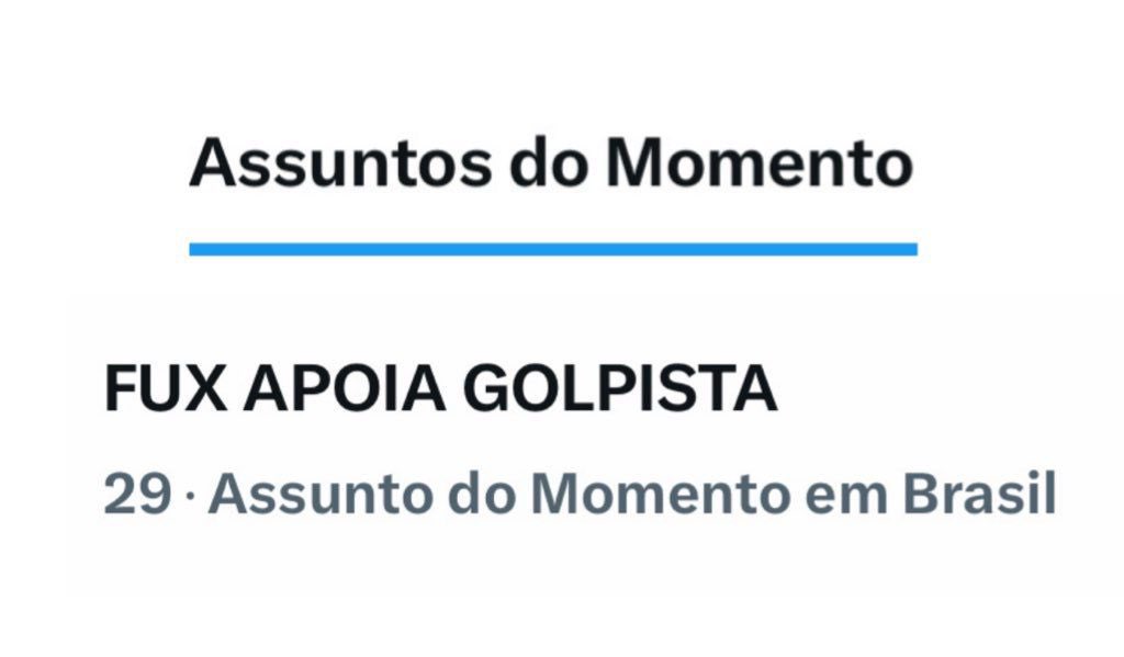 Ajudem a subir as tags. Chega de golpe. 

FUX APOIA GOLPISTA 
CRIMES DE BOLSONARO