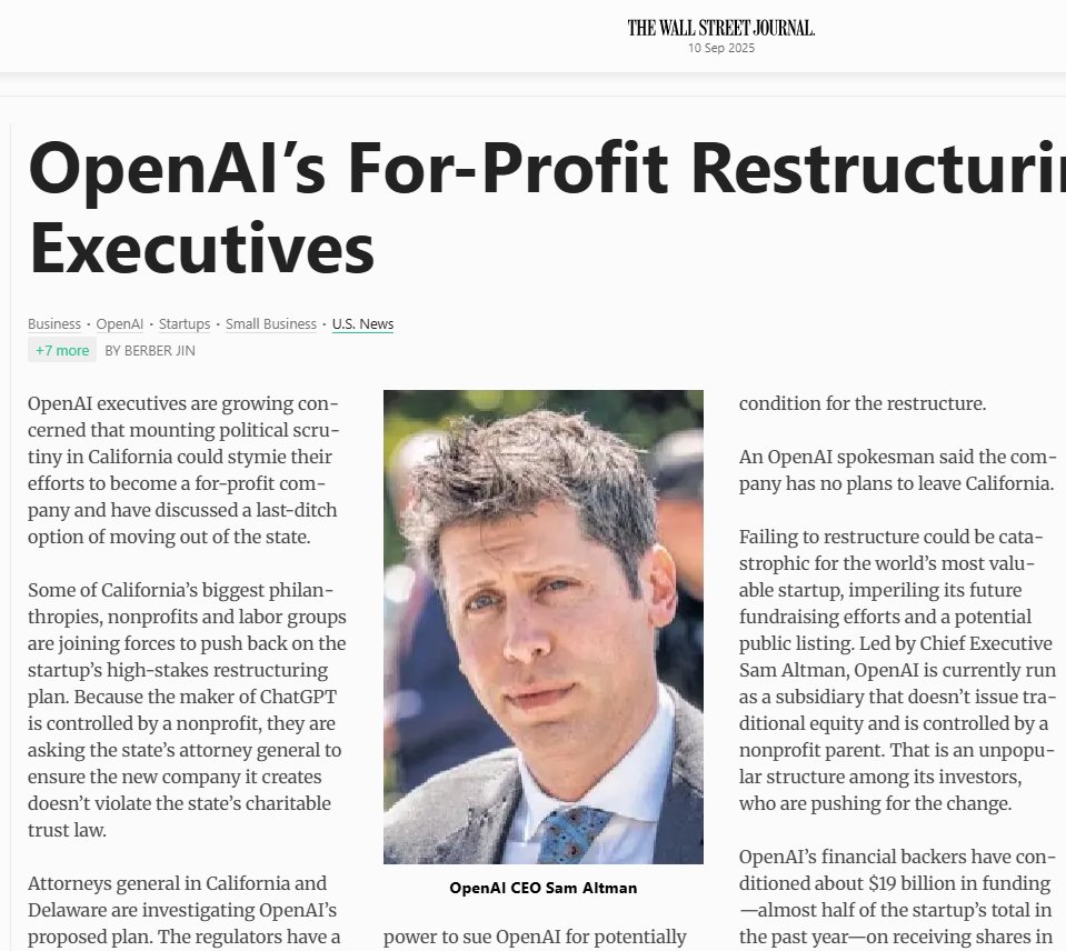 WSJ (Berber Jin) reports on OpenAI’s $19B restructuring under legal &amp; political scrutiny. A strong license-free rival shows regulators that safe, high-quality AI can exist without a for-profit conversion OpenAI’s case harder to defend. Maybe the market will auto-correct this ?