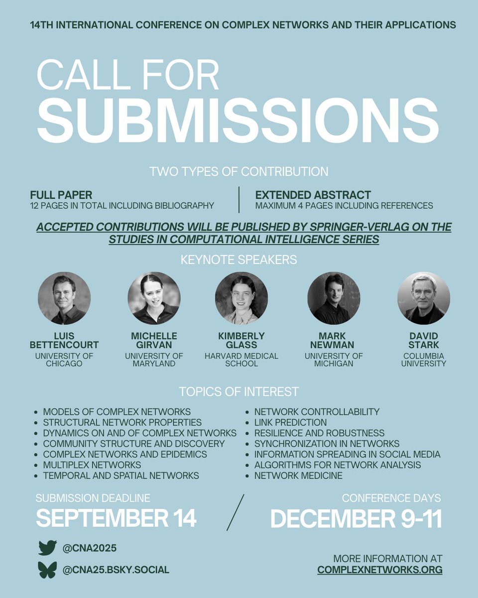 #ComplexNetworks2025 extended its #deadline until Sept. 14th!

✅Conference proceedings published in top journals
✅World-class researchers as keynote speakers

Join us in #NewYork for this premier venue in #NetworkScience &amp; #ComplexSystems!
👉Submit here: complexnetworks.org/submission/