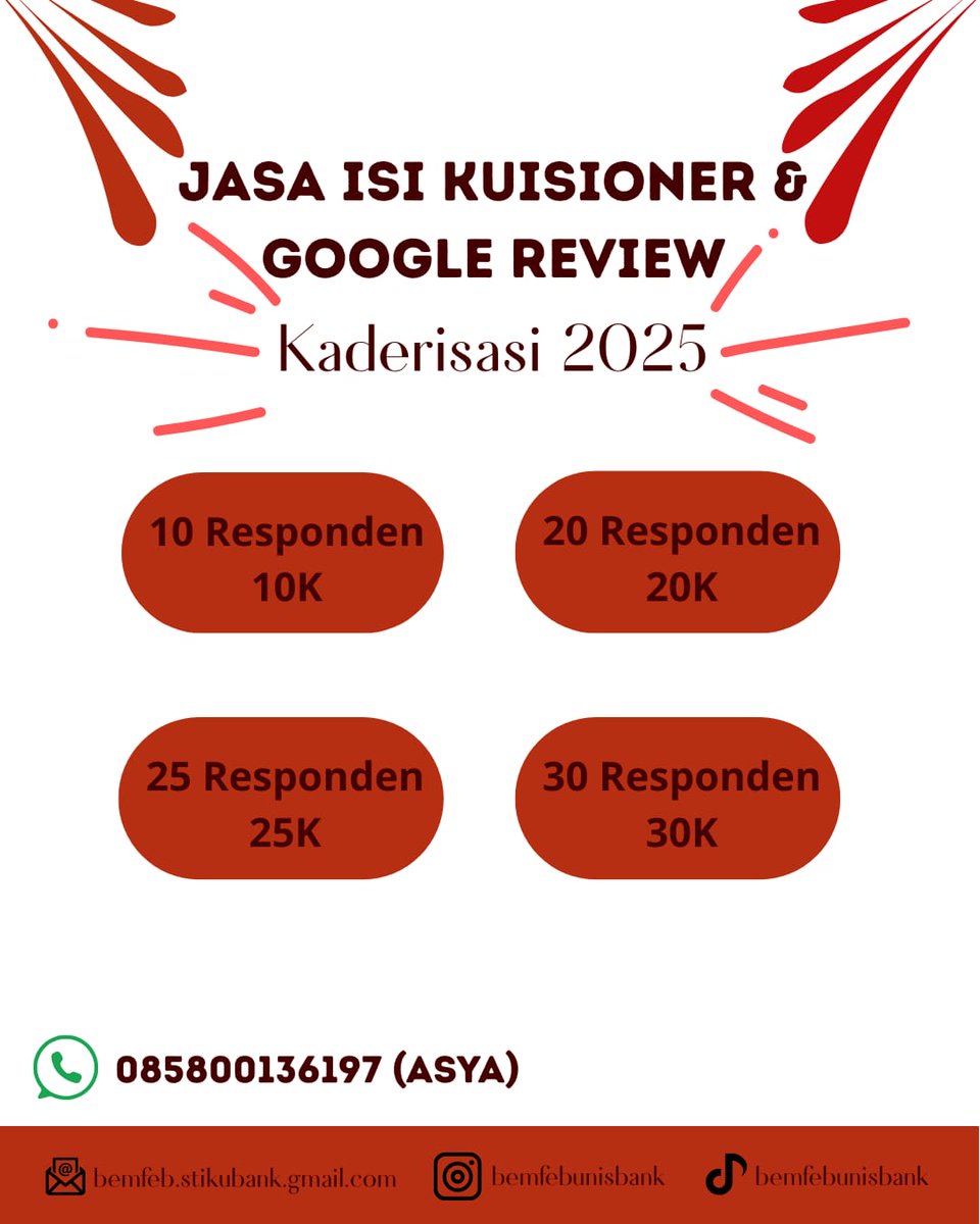 ecovolutionbemf's tweet image. [OPEN JASA ISI KUESIONER KADERISASI 2025]

CP:
085800136197 (asya)

Payment:
Dana : 085800136197
BCA : 1550404539

#zonauang #zonajajan #jasakuisioner #responden #googlereview openjasaisikuesioner #jasaisikuesioner #jasaisisurvey #surveimahasiswa #jasaisiform