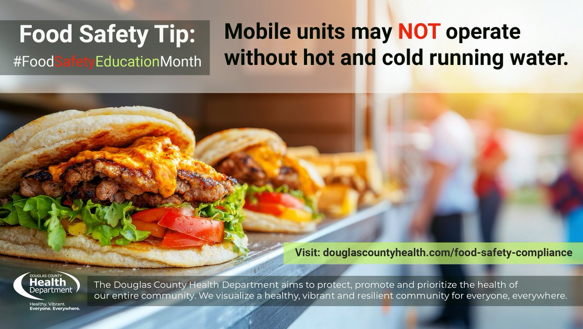 Thinking about starting a food truck? Every mobile unit must have hot and cold running water to safely wash hands, prep food, and keep your meals safe to eat.
Learn more: douglascountyhealth.com/food-safety-co…
#FoodSafetyEducationMonth #SafeEatsDouglasCounty
