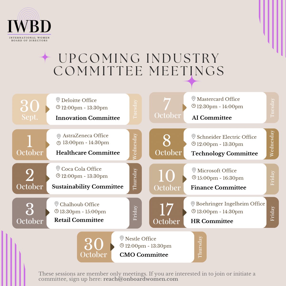 Upcoming IWBD Industry Committee meetings are announced.
These are member only meetings discussing challenges, solutions and recommendations per industry - in knowledge partnership with Wilton and Bain.