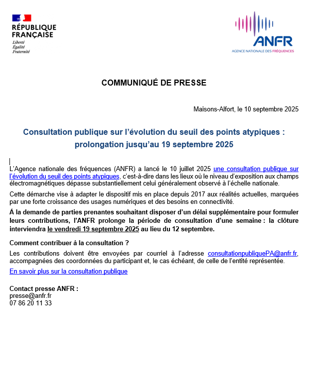 📢 #Expositionauxondes | L’<a href="/anfr/">Agence nationale des fréquences</a> prolonge d’une semaine la consultation publique sur l’évolution du seuil des points atypiques.
 👉Contribuez jusqu’au 19 sept. 2025 par mail : consultationpubliquePA@anfr.fr