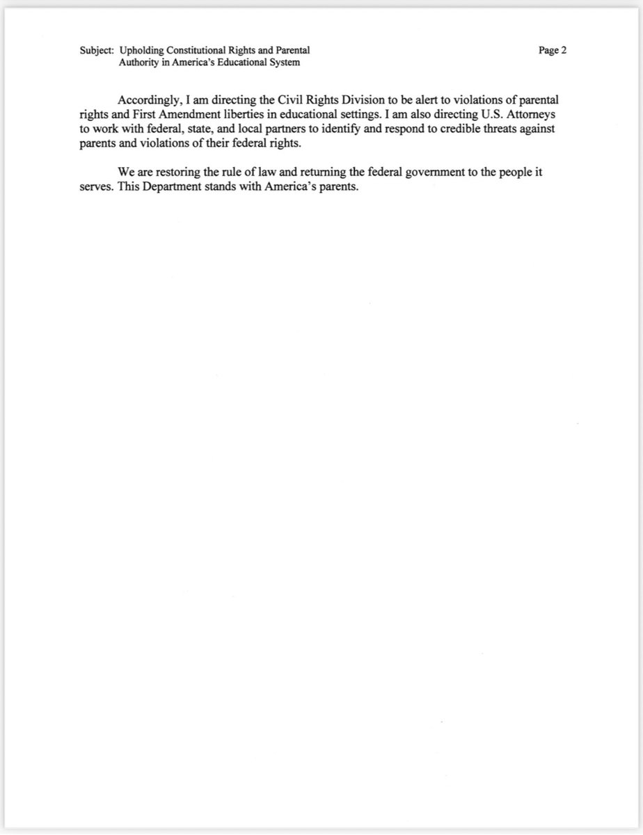Attorney General Pamela Bondi (@agpambondi) on Twitter photo Parents of school-aged children should NEVER be treated like criminals for speaking at school board meetings.
No more. <a href="/TheJusticeDept/">U.S. Department of Justice</a> is restoring law & order and returning power to the PEOPLE we serve.
I am directing <a href="/FBI/">FBI</a>, our <a href="/CivilRights/">DOJ Civil Rights Division</a> division, and all our U.S. Parents of school-aged children should NEVER be treated like criminals for speaking at school board meetings.
No more. <a href="/TheJusticeDept/">U.S. Department of Justice</a> is restoring law & order and returning power to the PEOPLE we serve.
I am directing <a href="/FBI/">FBI</a>, our <a href="/CivilRights/">DOJ Civil Rights Division</a> division, and all our U.S.