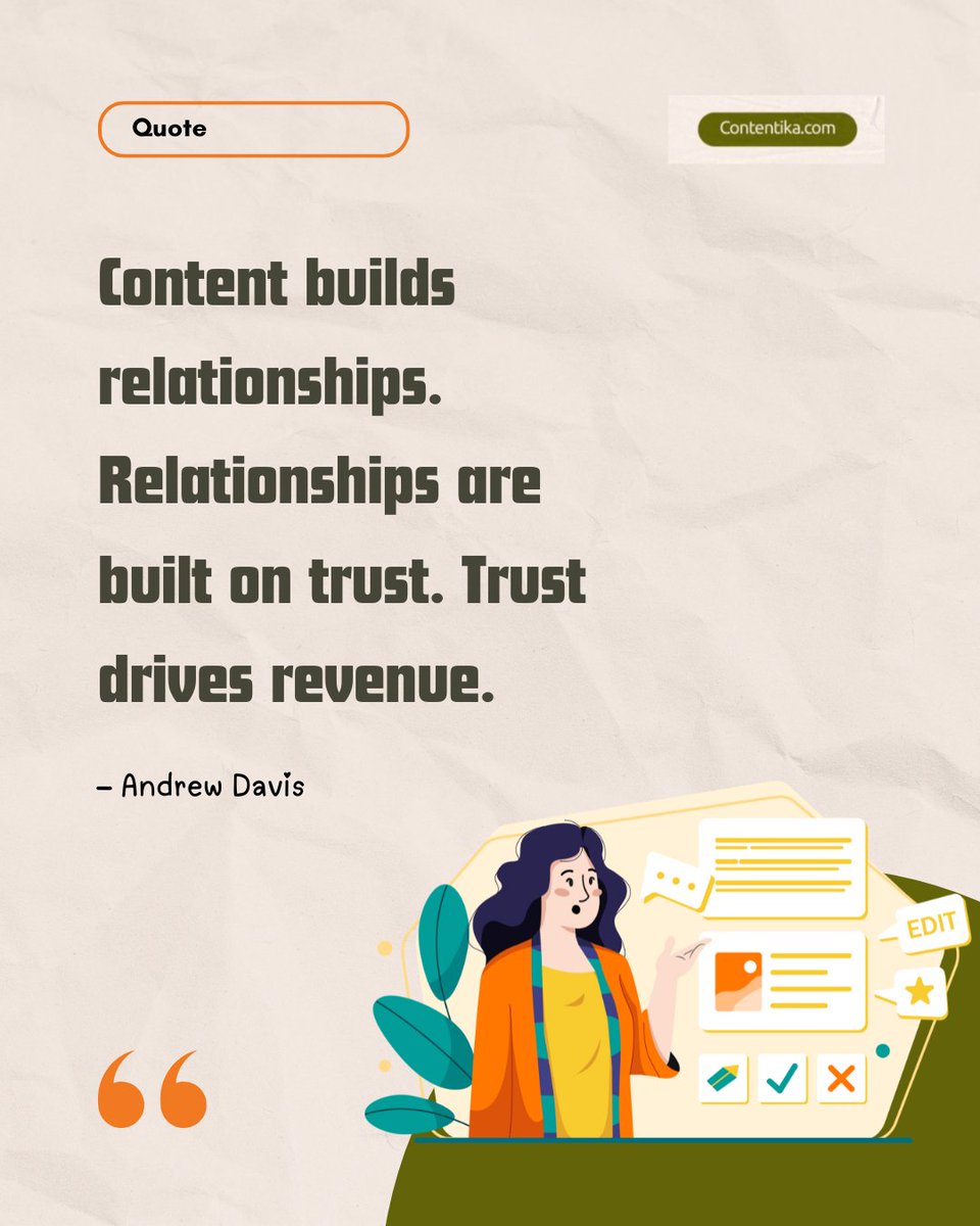 GoContentika's tweet photo. Content builds trust.
Trust builds relationships.
Relationships drive revenue.
Thatβs why content marketing works.
#Contentika #ContentMarketing #ContentStrategy #ContentThatMatters #SEO https://t.co/hMyxeNF5X6
