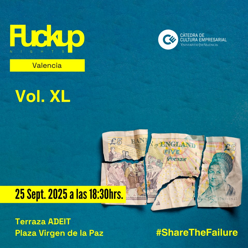 ¡No te pierdas la edición 40 de Fuckup Nights Valencia! 🎉 Jueves, 25 Sep a las 18:30h en Terraza de ADEIT. Tres speakers top, charlas y networking.

📌 Reserva tu plaza: tickettailor.com/events/ctedrac…

#FuckupNightsVLC