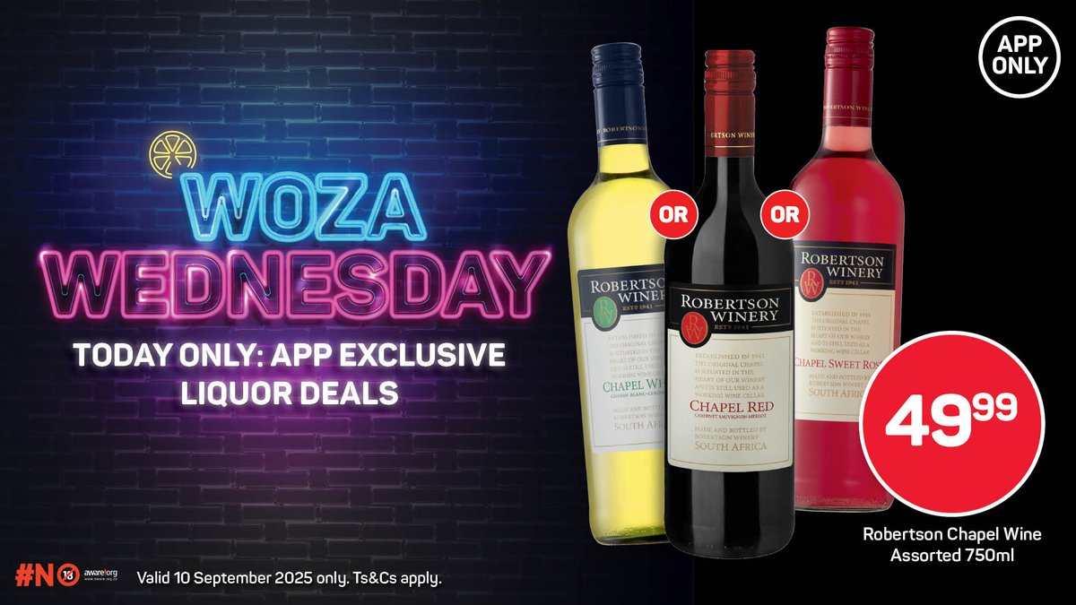 Get Robertson Chapel Wine Assorted 750ml for ONLY R49.99!

Hurry to the app! 📲

Valid 10 September 2025 only. Ts&amp;Cs apply. 🔞

#WozaWednesday #AppOnly