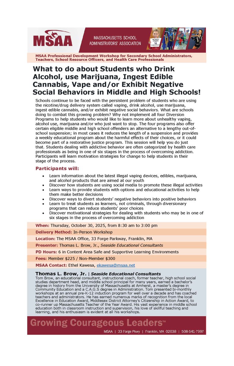 MSAA_33's tweet image. Navigating student alcohol, marijuana, and vaping issues can be challenging. This workshop introduces four diversion programs that provide an alternative to out-of-school suspension and educate students on the harmful effects of their choices @MASchoolsK12 @BostonSchools  #CPChat