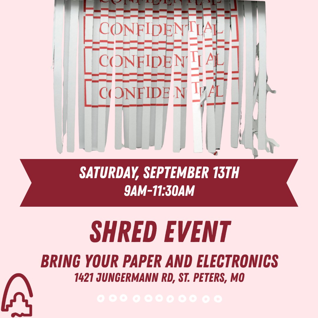 GatewayMetro's tweet image. Come on out to our St. Peters branch this Saturday from 9am-11:30am for a shred event! We are accepting BOTH paper and electronic items. 📰🔌Electronics may incur a small fee.
gogmfcu.org/events/

#ShredEvent #ShredDocument #ERecycle #GMFCU