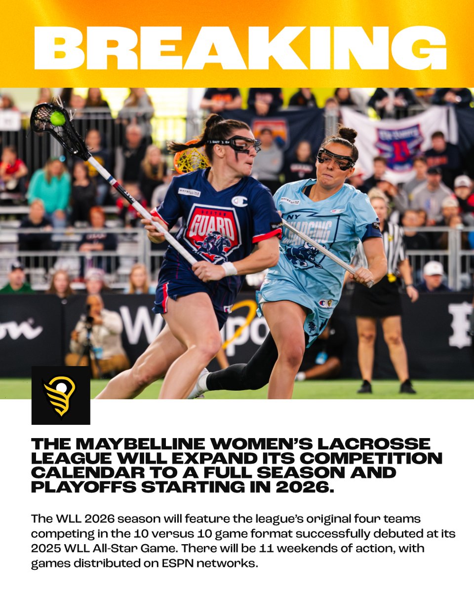 Women's Lacrosse League (@wlacrosseleague) on Twitter photo BREAKING: The <a href="/Maybelline/">Maybelline New York</a> Women’s Lacrosse League will expand our competition calendar to a full season and playoffs starting in 2026. BREAKING: The <a href="/Maybelline/">Maybelline New York</a> Women’s Lacrosse League will expand our competition calendar to a full season and playoffs starting in 2026.