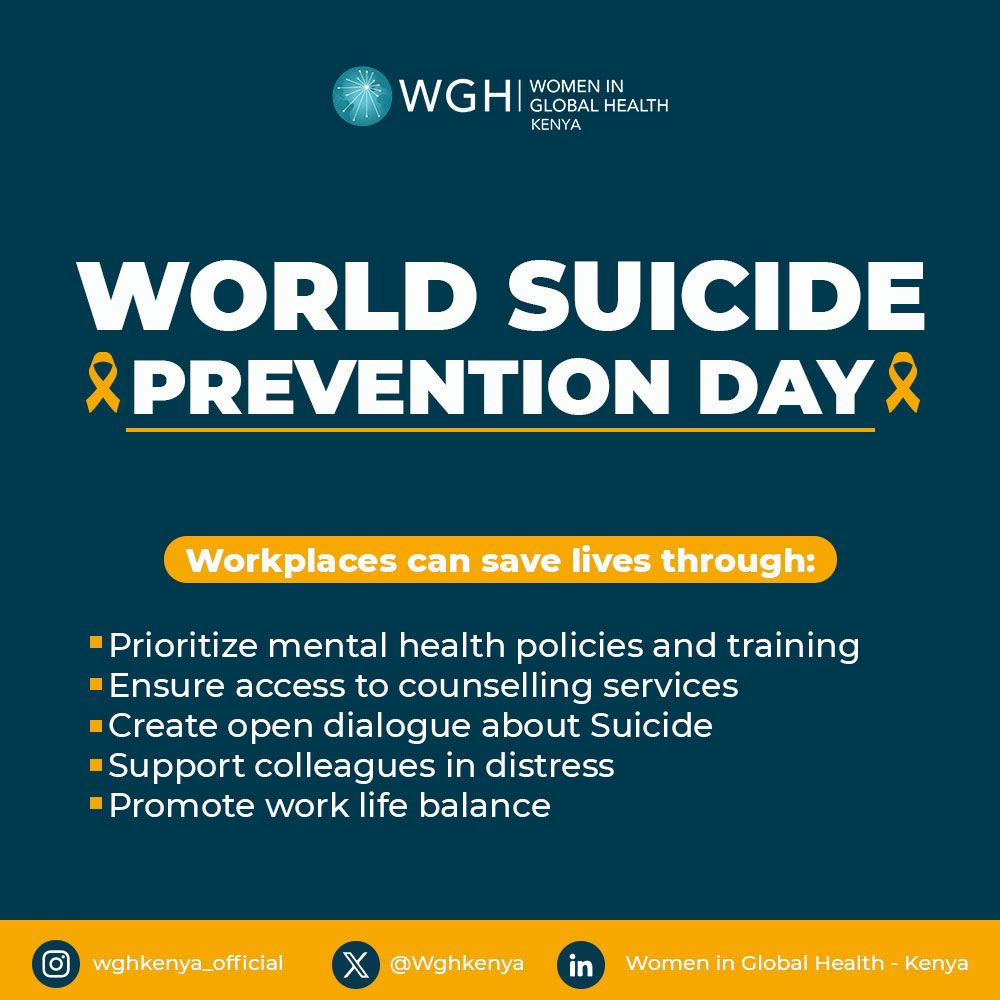 Workplaces can be lifelines  or blind spots.
On #WorldSuicidePreventionDay WGH Kenya calls for women leaders to drive policies that make mental health non-negotiable at work.
Every policy written with compassion = lives saved. 
#WGHKenya #WomenLeadHealth #MentalHealthAtWork