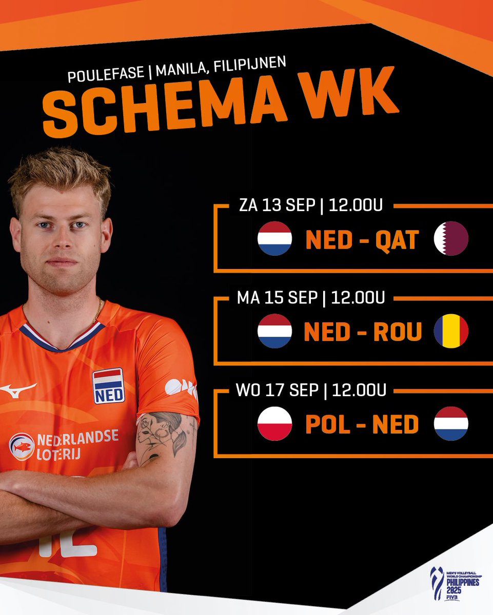 𝗧𝗵𝗶𝘀 𝗶𝘀 𝗼𝘂𝗿 𝘀𝗰𝗵𝗲𝗱𝘂𝗹𝗲! 🦁 Over 3️⃣ dagen begint voor ons het WK 2025. 

Zaterdag 👉🏼 eerste wedstrijd! 🔥 Let’s do this! 🤙🏼

#LangeMannen #TeamNL #MWCH