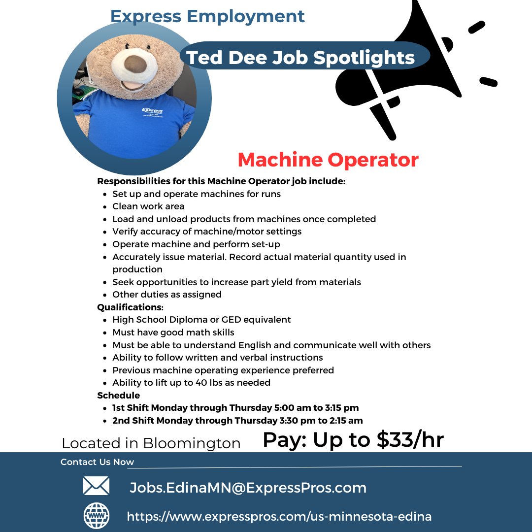 ⚙️ Now Hiring: Machine Operators in Bloomington! ⚙️

Join a growing team and put your skills to work as a Machine Operator right here in Bloomington. Competitive pay, steady hours, and great local opportunities!

📍 Location: Bloomington, MN
👷... ExpressPros.com/EdinaMN
📞