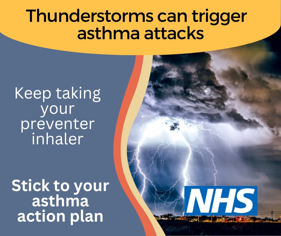 Thunderstorms can trigger an asthma attack.
They are forecast this afternoon and evening. 
Keep to your asthma action plan and carry your reliever inhaler just in case. orlo.uk/3YNXW