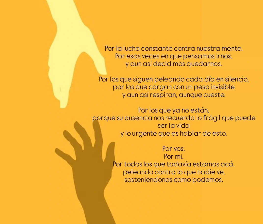 10 de septiembre, día mundial para la prevención del suicidio. 🎗️

Por vos.
Por mí.
Por todos los que todavía estamos acá,
peleando contra lo que nadie ve,
sosteniéndonos como podemos.

Dos años desde que sigo acá.

Algo que escribi✍💛💭