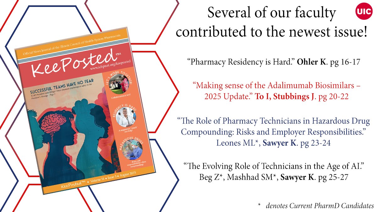 👏 Drs. Kirsten Ohler, Isabelle To, JoAnn Stubbings &amp; Kathryn Sawyer are featured in the newest ICHP KeePosted! Proud to see our faculty share their expertise with the pharmacy community.
📖 Read the issue here: online.fliphtml5.com/mmdul/bjqc/#p=…

#UICPharmacy #ICHP #PharmacyEducation