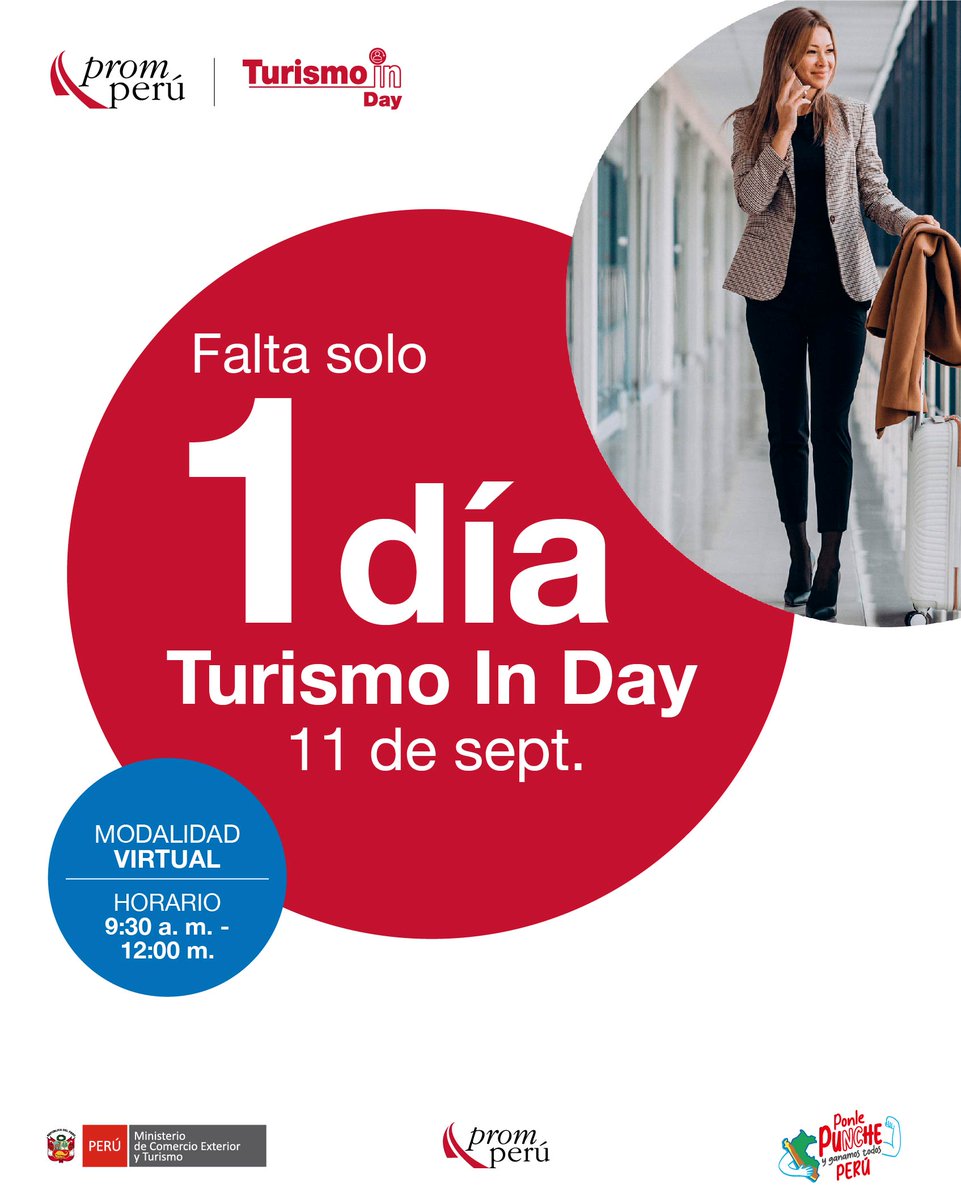 ¡Última oportunidad para inscribirte! Nos vemos mañana en #TurismoInDay para explorar el potencial de los viajes de negocios, de eventos, de incentivo y más. Te esperamos desde las 9:30 a. m.; recuerda que puedes inscribirte SIN COSTO aquí 👉 bit.ly/TIDed24

#PROMPERÚ