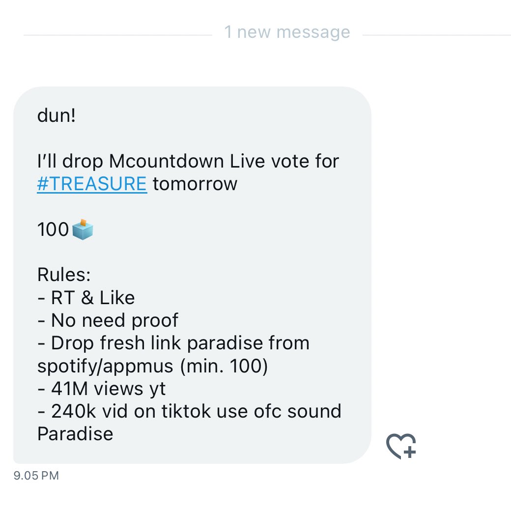 ダン (@dunlicates) on Twitter photo FAST Deal — MNET Mcountdown LIVE VOTE #TREASURE ‼️
<a href="/hydromycutie/">nassa🐶🐰❤️🔥</a> will drop Live vote for #TREASURE tomorrow!
100 🗳️
Rules:
- RT & Like
- No need proof
- Drop fresh link paradise from spotify (min. 100)
- 41 M views yt
- 240k vid on tiktok use official sounds paradise FAST Deal — MNET Mcountdown LIVE VOTE #TREASURE ‼️
<a href="/hydromycutie/">nassa🐶🐰❤️🔥</a> will drop Live vote for #TREASURE tomorrow!
100 🗳️
Rules:
- RT & Like
- No need proof
- Drop fresh link paradise from spotify (min. 100)
- 41 M views yt
- 240k vid on tiktok use official sounds paradise