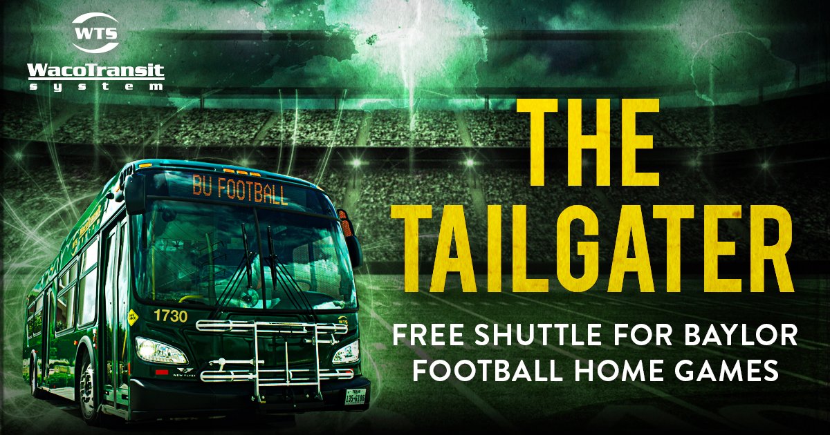 Waco Transit (@wacotransit) on Twitter photo FREE GAME DAY SHUTTLE — Game day is better when the ride is FREE!
<a href="/Baylor/">Baylor University</a> and Samford fans, grab the Tailgater Shuttle downtown at 3rd & Austin this Saturday. The shuttle starts 3 hours before kickoff and runs for an hour after the game ends. #SicEm #wacotx #wacotransit FREE GAME DAY SHUTTLE — Game day is better when the ride is FREE!
<a href="/Baylor/">Baylor University</a> and Samford fans, grab the Tailgater Shuttle downtown at 3rd & Austin this Saturday. The shuttle starts 3 hours before kickoff and runs for an hour after the game ends. #SicEm #wacotx #wacotransit