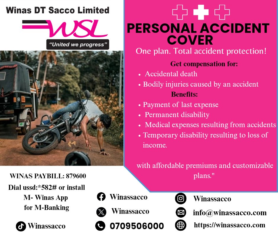 A  personal accident cover provides financial protection against unexpected injuries, disabilities or death due to an accident.It is a safety net that helps you navigate life's unpredictabilities with confidence. 

winassacco.com

#UnitedWeProgress