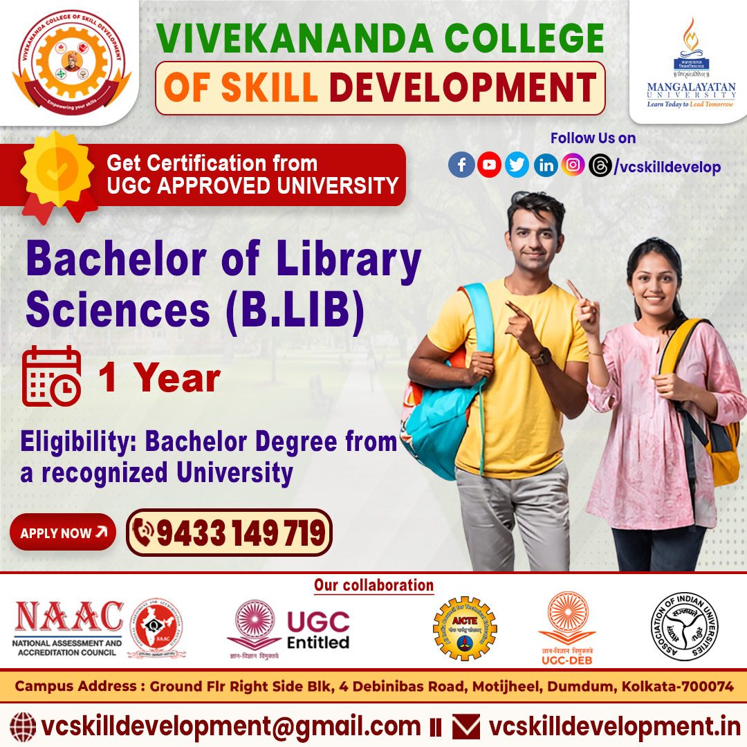 vcskilldevelop's tweet image. 📚✨Turn Your Passion for Books into a Career!✨📚
Vivekananda College of Skill Development (VCSD) invites you to apply for the Bachelor of Library Science (B.Lib) Course Admission.
🎓Why Choose B.Lib?
✔️Become a professional librarian & information manager
#BLib #LibraryScience