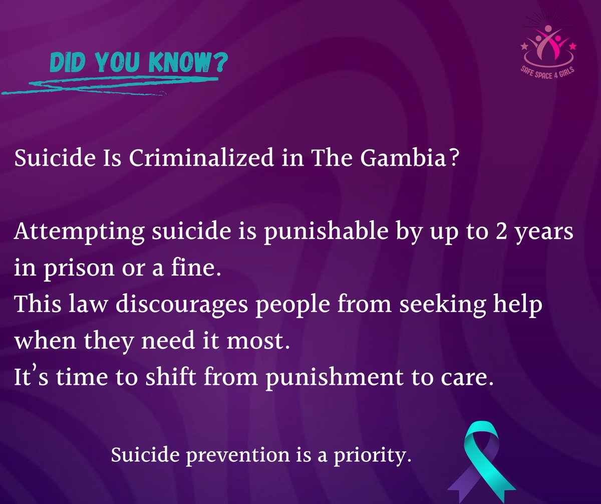 Suicide is not a crime.
But in The Gambia, attempting suicide is punished with prison or fines: pushing people further into silence. 💔

It’s time to shift the focus from punishment to care. 💜
Because every life deserves support, not stigma.
#SuicidePrevention 
#SS4G