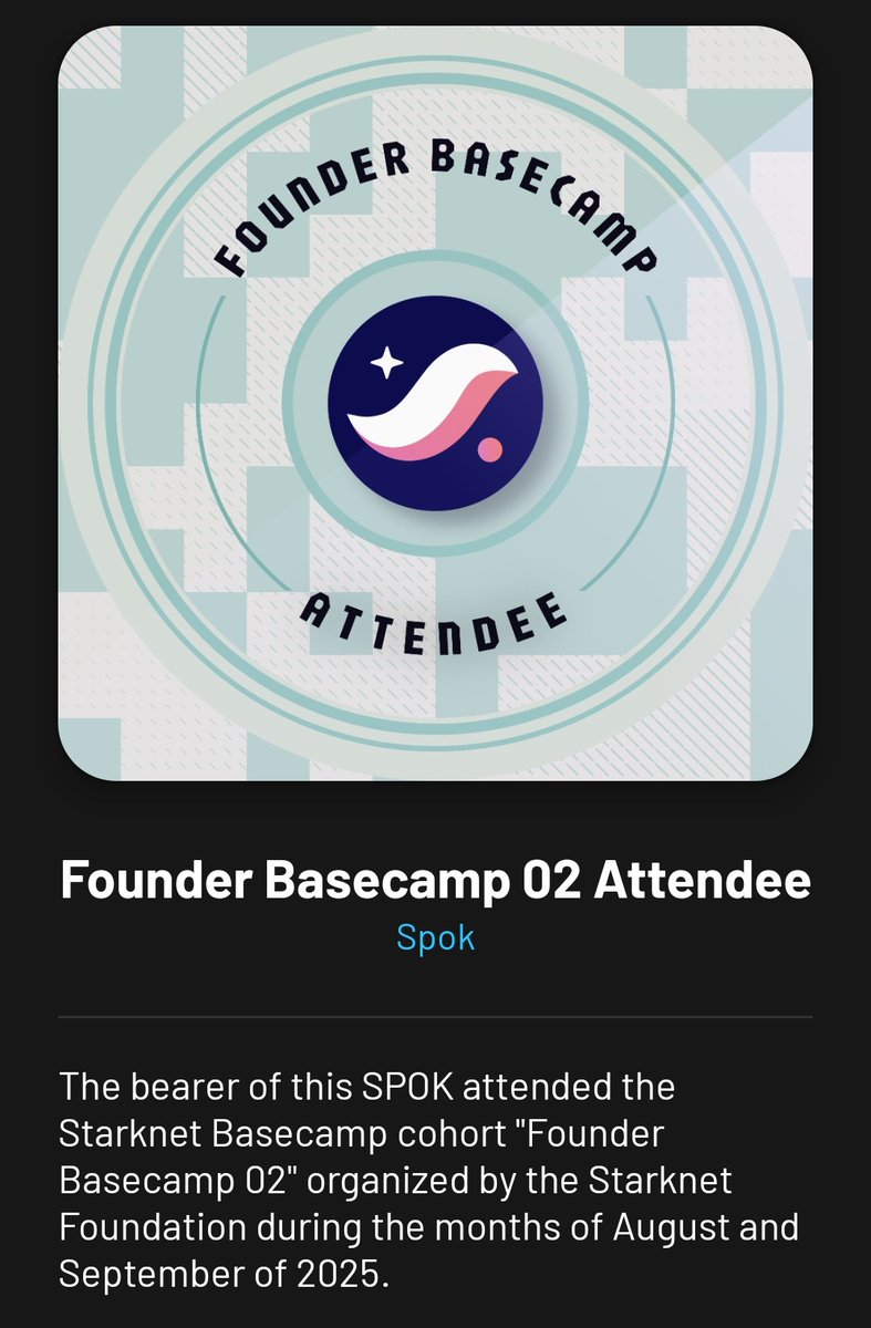 KryptosaurusEth's tweet image. The SPOK tradition lives on ✨
2024 ✅ Basecamp X
2025 ✅ Founder Basecamp 02

SPOK = Starknet Proof-of-Kudos 💜
On-chain collectibles celebrating key Starknet moments like Starktember 🌌

#Starknet #Starktember #SPOK