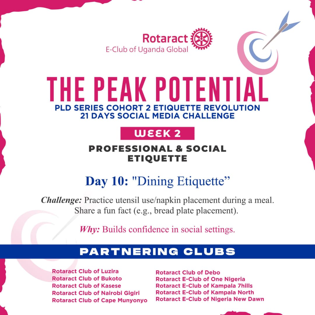 RotaractECON's tweet image. Day 10: *_DINING ETIQUETTE*_ 🍴👥

Master table manners &amp;amp; make a lasting impression. Reflect on: utensil usage, respectful conversation, mindful eating &amp;amp; more. Share your experience &amp;amp; let's build a revolution of etiquette &amp;amp; values! #PeakPotentialPLDSeriesCohort2 
#DiningEtiquette