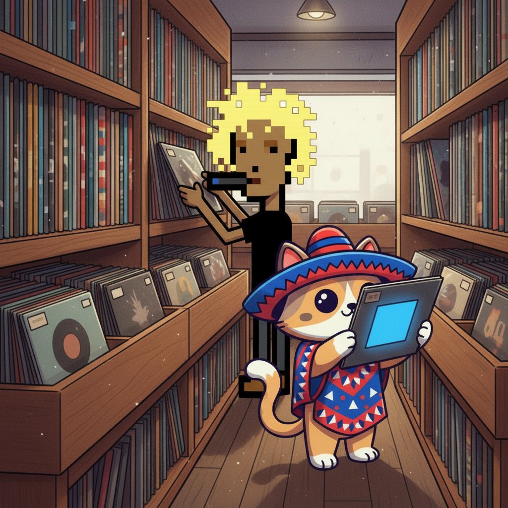 Cartoon characters in a record store representing onchain content discovery