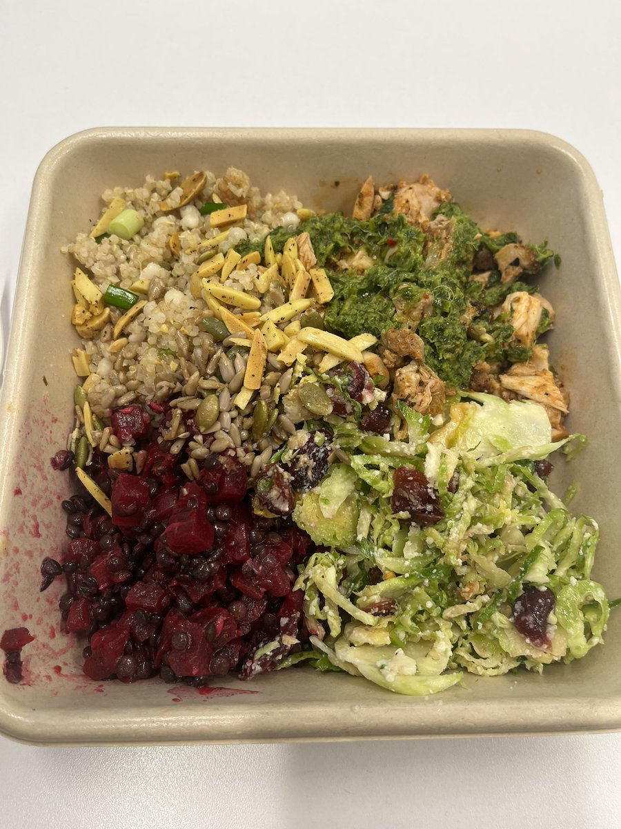 Health option today for lunch.  Quinoa, spicy chicken topped with chimichurri, beet &amp; lentil salad and the thing I crave, shaved brussel sprouts.  These Brussels are mixed with pecorino cheese and dried cranberries.  It is so good. There’s also some turmeric almond slivers on top