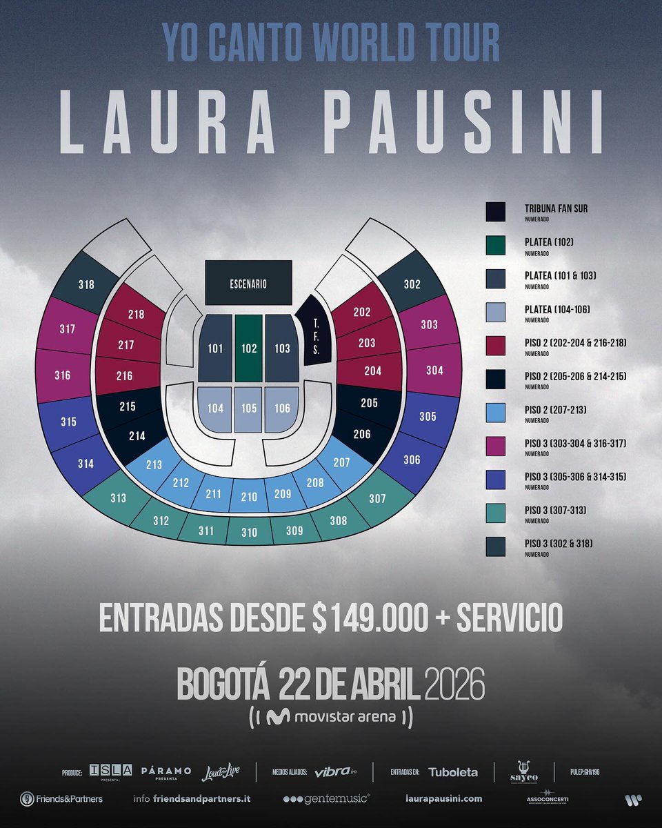 NUEVO ANUNCIO 🤩

¡LAURA PAUSINI REGRESA A COLOMBIA 🇨🇴! 

La cantante estará celebrando 30 años de carrera este 22 de abril en el <a href="/MovistarArenaCo/">Movistar Arena Colombia</a> 📍

Entradas a la venta con cualquier medio de pago disponibles este 15 de septiembre en <a href="/Tuboletaoficial/">Tuboleta</a> 🎫