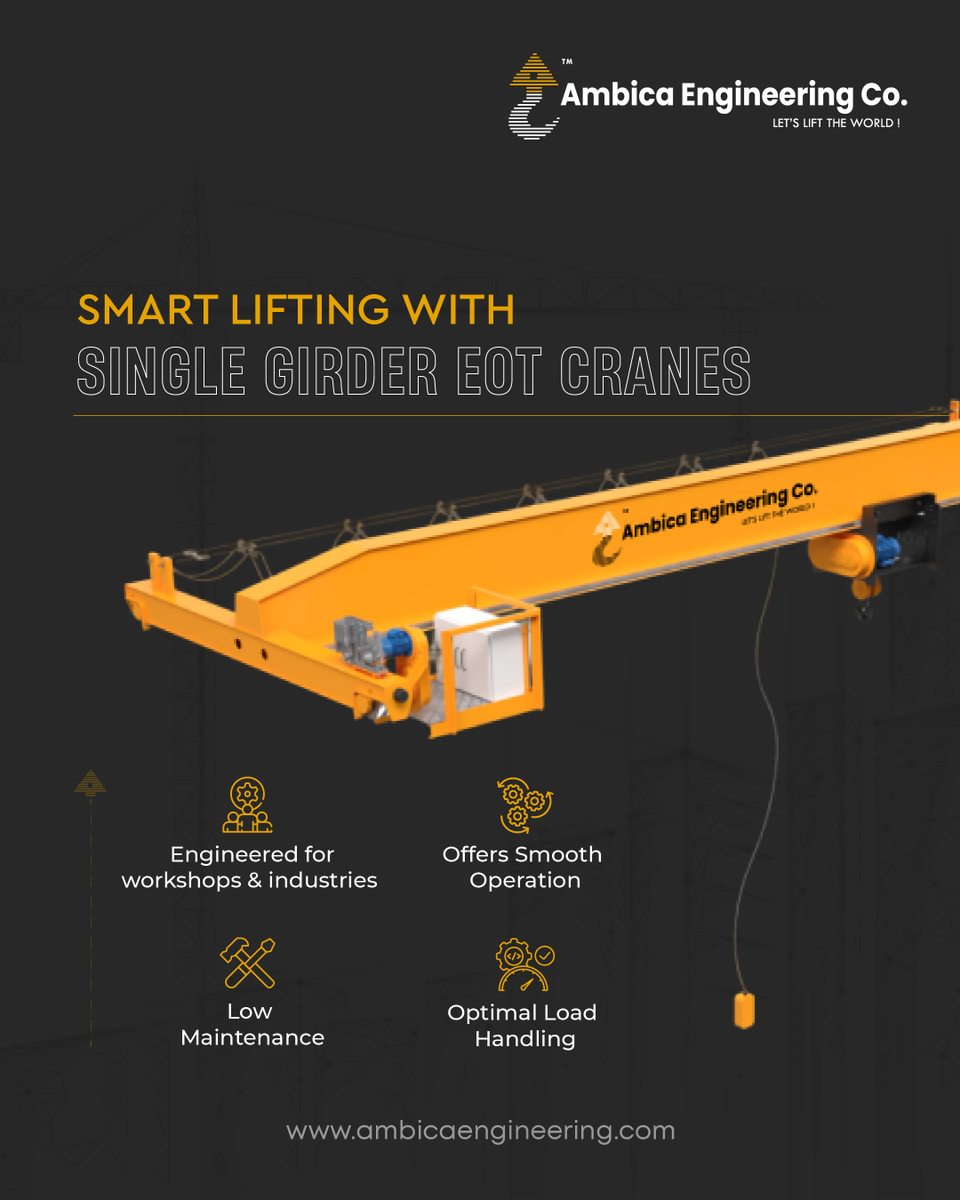 Upgrade your lifting operations with Ambica Engineering’s #SingleGirderEOTCranes – built for performance, designed for durability.

For more information,
Call us: +91 9898139820
Visit: ambicaengineering.com

#AmbicaEngineering #EOTCrane #OverheadCrane #MaterialHandling #India