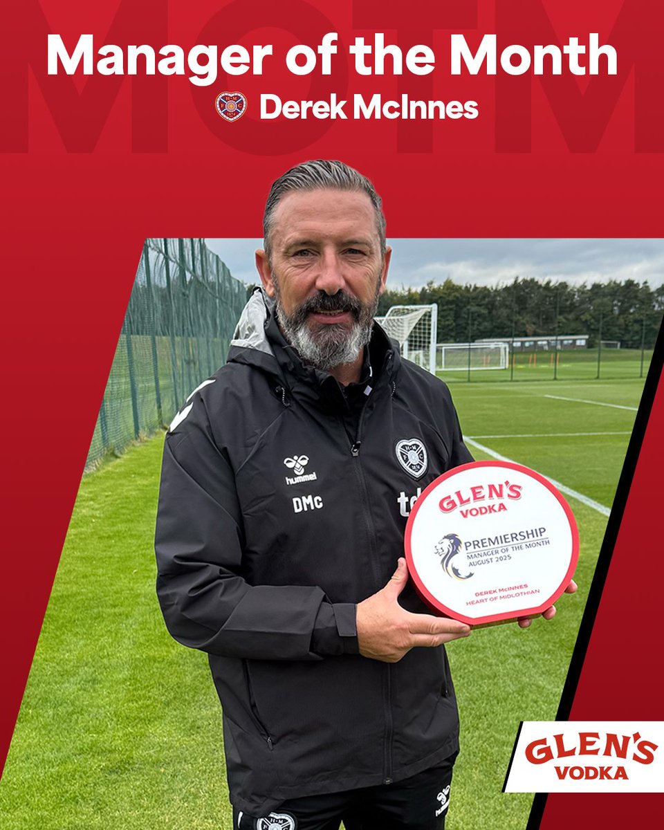 Congratulations to <a href="/JamTarts/">Heart of Midlothian FC</a>' Derek McInnes, <a href="/GlensVodkaLLG/">Glen's Vodka</a> Premiership Manager of the Month for August! 

🏆 spfl.co.uk/news/derek-mci…