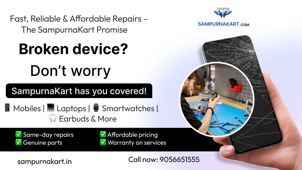 Sampurnakart24's tweet image. Don’t let a broken device slow you down!
At SampurnaKart, we promise Fast, Reliable &amp;amp; Affordable Repairs – mobiles, laptops, tablets &amp;amp; more.
Same-day service
Warranty-backed parts
Prices you can trust
Book now: SampurnaKart.in
#FastRepairs #SampurnaKart #ReliableService