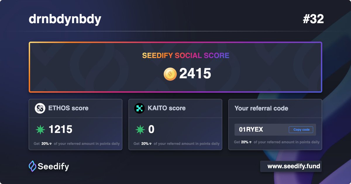 Here’s my Seedify score! 🧬
Rank: #32