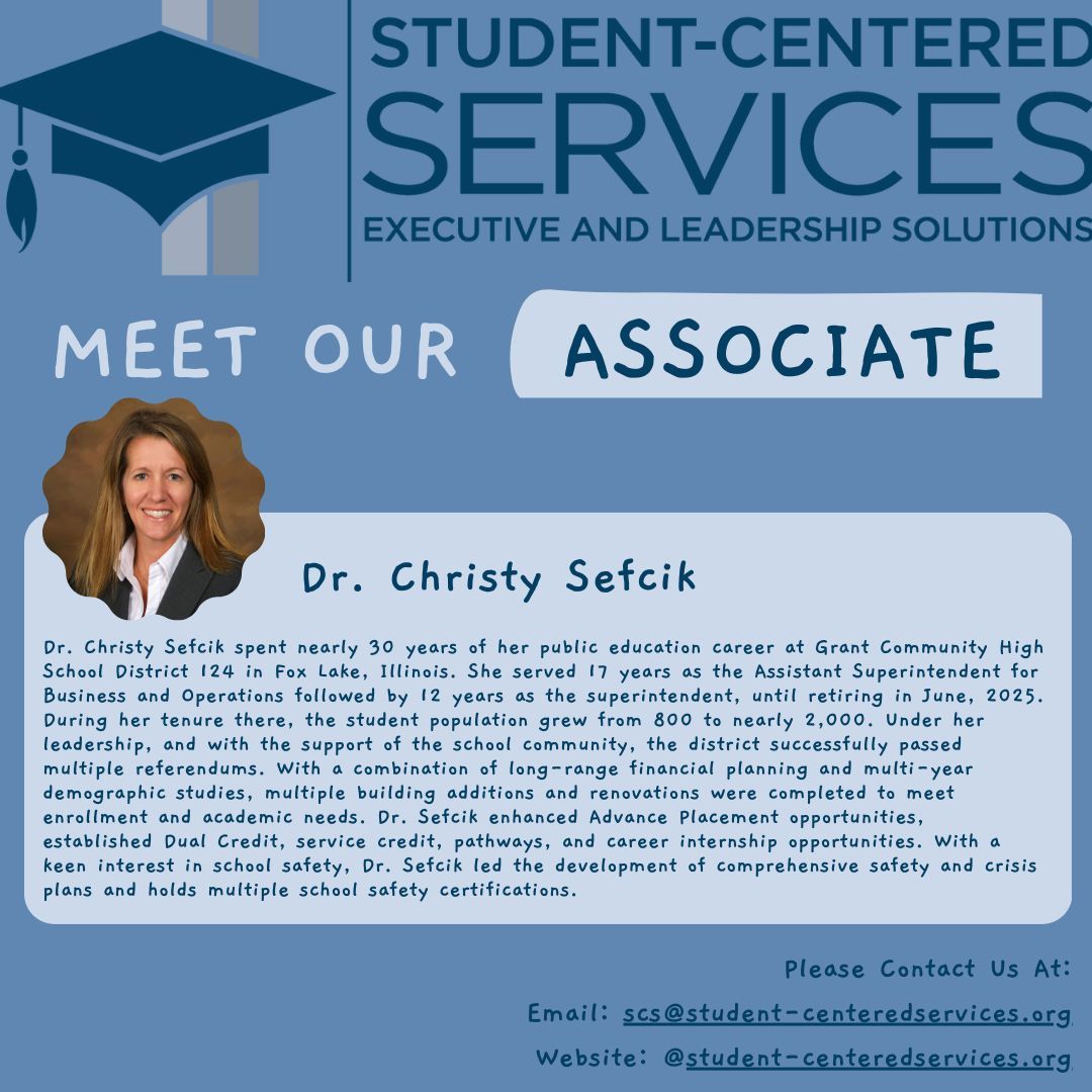 🌟 Meet the Associate Series! 

At Student-Centered Services (SCS), our associates are more than just team members. They’re experienced educators, leaders, and advocates with backgrounds in Superintendency, Human Resources, Finance, and Instructional Services.

#MeetOurAssociate