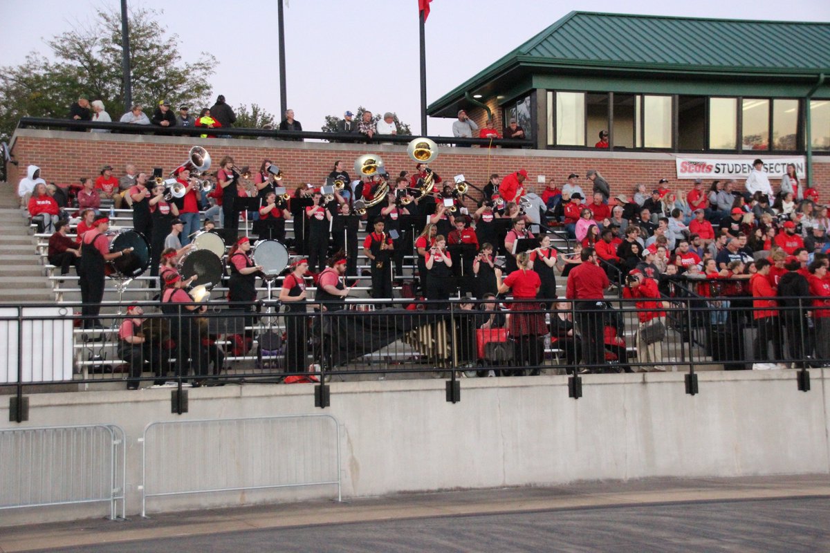 For our new students, and a reminder to our returning students - the Student section for all <a href="/RollScotsFB/">Monmouth College Football</a> games is the section in the bleachers next to the band - seen here to the right. We do not allow standing against the railing! Thanks for your cooperation and #RollScots