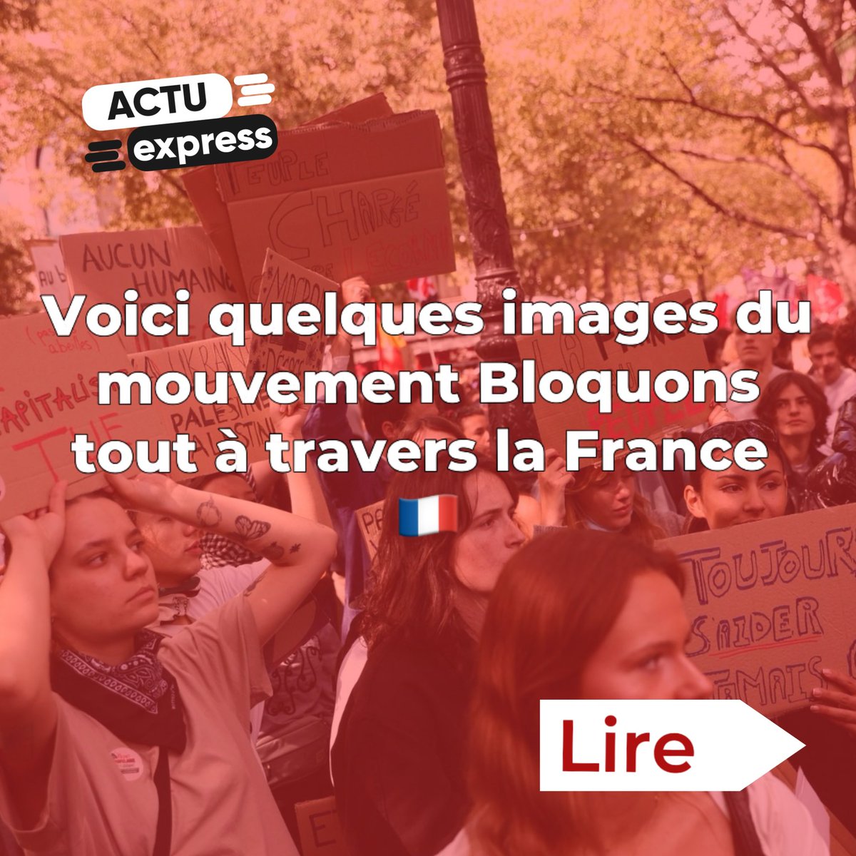 ActuExpress3's tweet photo. 🚨ALERTE INFO : THREAD

Le mouvement national “Bloquons tout” 

Des scènes marquantes dans plusieurs villes : routes coupées, transports ralentis, tensions avec les forces de l’ordre.
👉 Voir les images fortes de cette mobilisation.

#Manifestation #BloquonsTout #10septembre https://t.co/Y1x19CZ6Vd