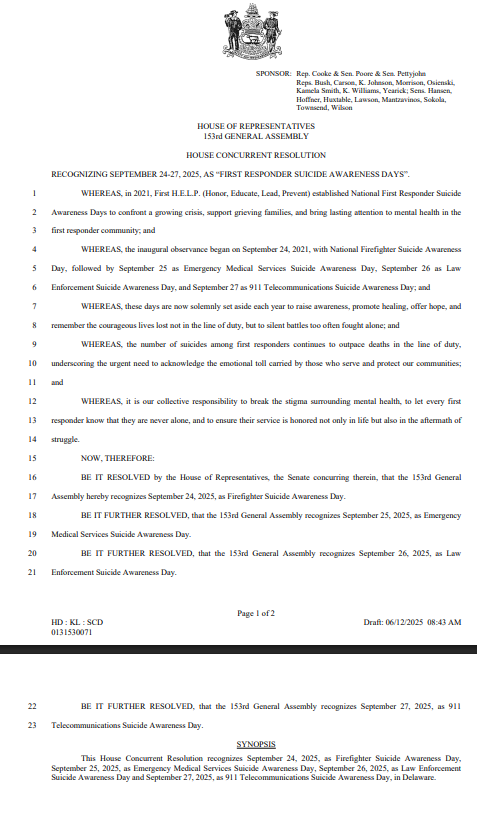 1sthelporg's tweet image. Thank you, Amos Callaway of the Correctional Officers Association of Delaware! His diligence, a  passed a resolution adopting suicide awareness days in DE in line with those established by First H.E.L.P.

#SuicideAwareness #FirstHELP #FirstResponders

legis.delaware.gov/BillDetail?Leg…
