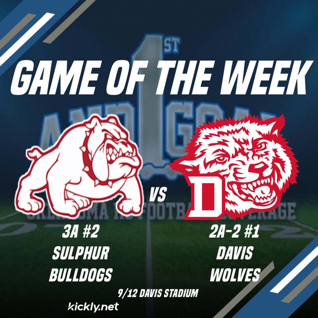 1stGoalOKHSFB's tweet photo. Week 2 Games of the Week!

Last Matchup- Sulphur 42 Davis 7 (2024)

Series History- 44-33 Sulphur

Players to Watch
Sulphur- Colten Cole TE/DE
(@ColtenCole_17)

Davis- Dax Owens QB
(@dax_owens4)

#okpreps https://t.co/jxMX0vUeTD