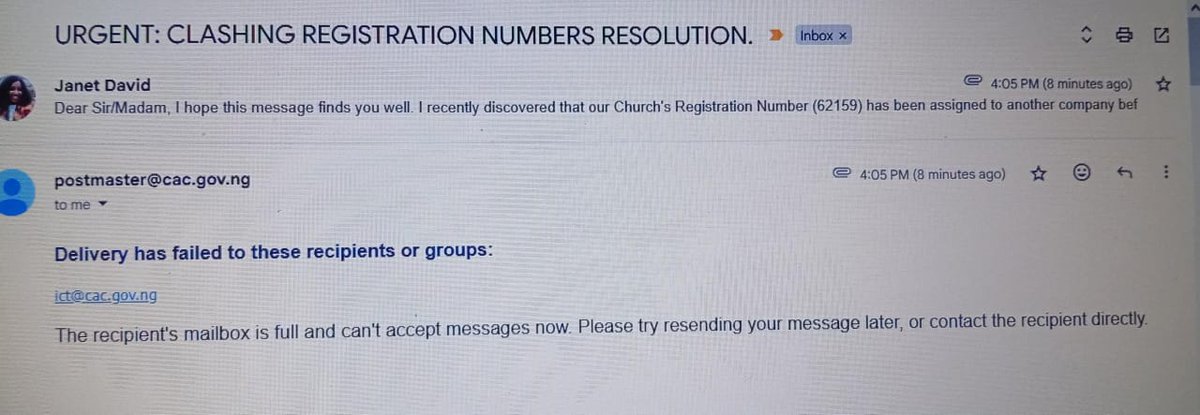 ChrisXael's tweet photo. @cacnigeria1 Our organisation was assigned a CAC registration number that clashes with another organisation. It's creating problems with bank account opening. Emails to your office are not working. Latest response - "mailbox full". Pls see the attached screenshots &amp; help rectify https://t.co/CjiYYVOkDL