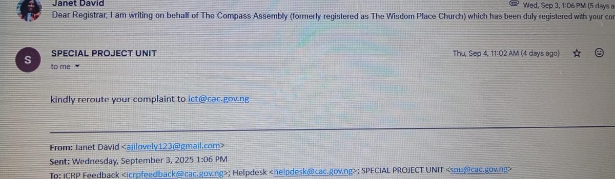 ChrisXael's tweet photo. @cacnigeria1 Our organisation was assigned a CAC registration number that clashes with another organisation. It's creating problems with bank account opening. Emails to your office are not working. Latest response - "mailbox full". Pls see the attached screenshots &amp; help rectify https://t.co/CjiYYVOkDL