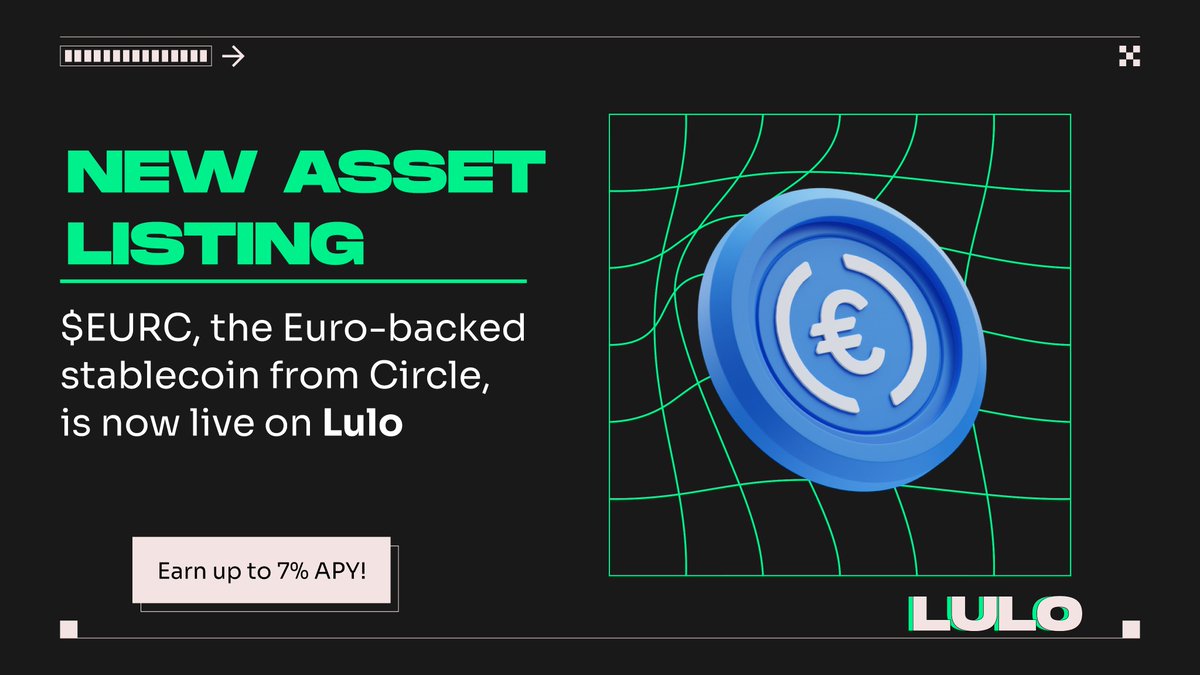 uselulo's tweet photo. 💸💸 $EURC by @circle is now live on Lulo! 💸💸

Deposits will have optimized lending yield by aggregating @JupiterExchange @DriftProtocol and @KaminoFinance https://t.co/uLEmW2ZOES