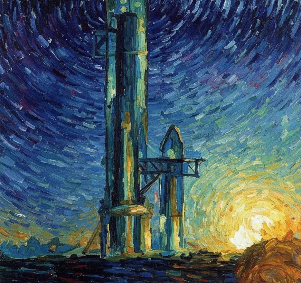 Van Gogh-style generated painting of a rocket pre-launch, based on a photo taken at Starbase