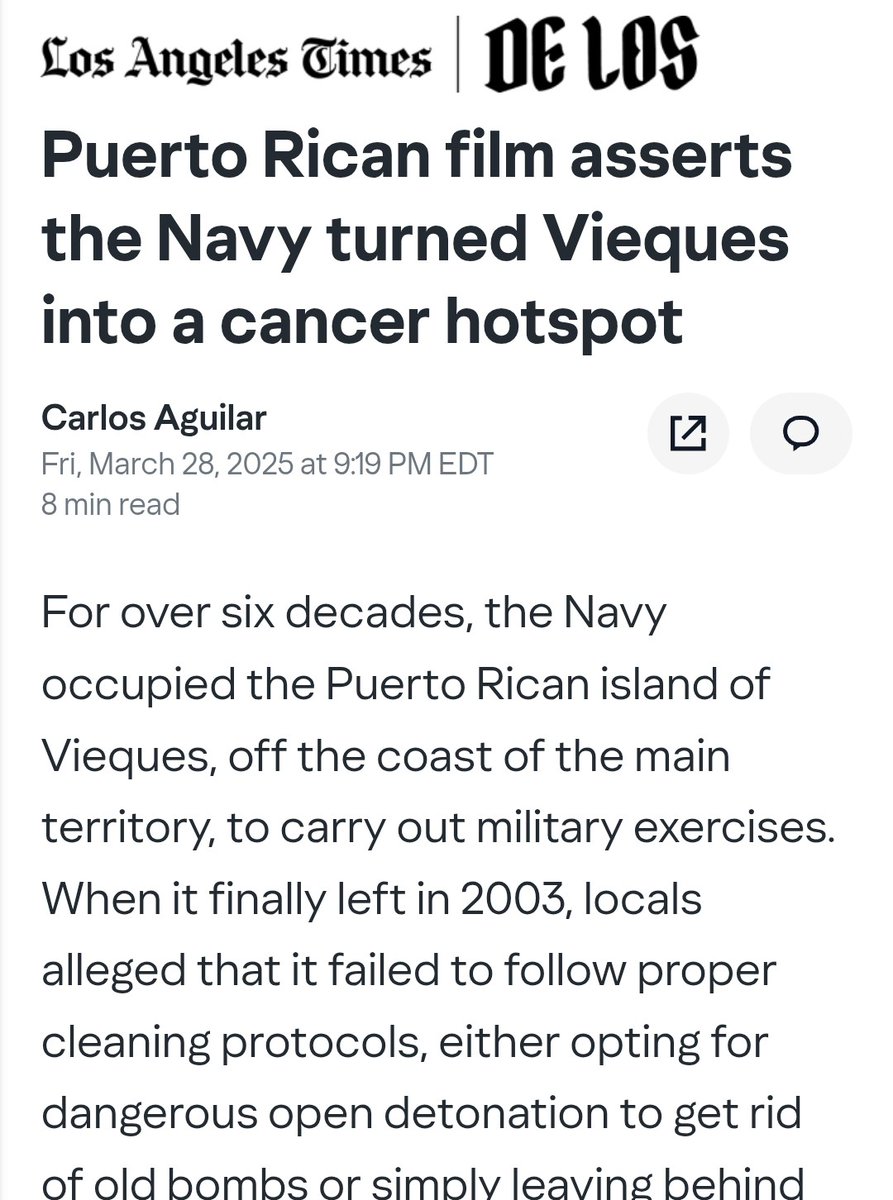 #justice4Vieques 
The US Navy poisoned Vieques - then walked away.

60+ yrs of bombing left cancer, toxins &amp; broken cleanup promises.

Now Trump &amp; Hegseth are sending US troops there.

Call your Senators: demand the Vieques Recovery Act be added to the NDAA! (202) 224-3121
⬇️