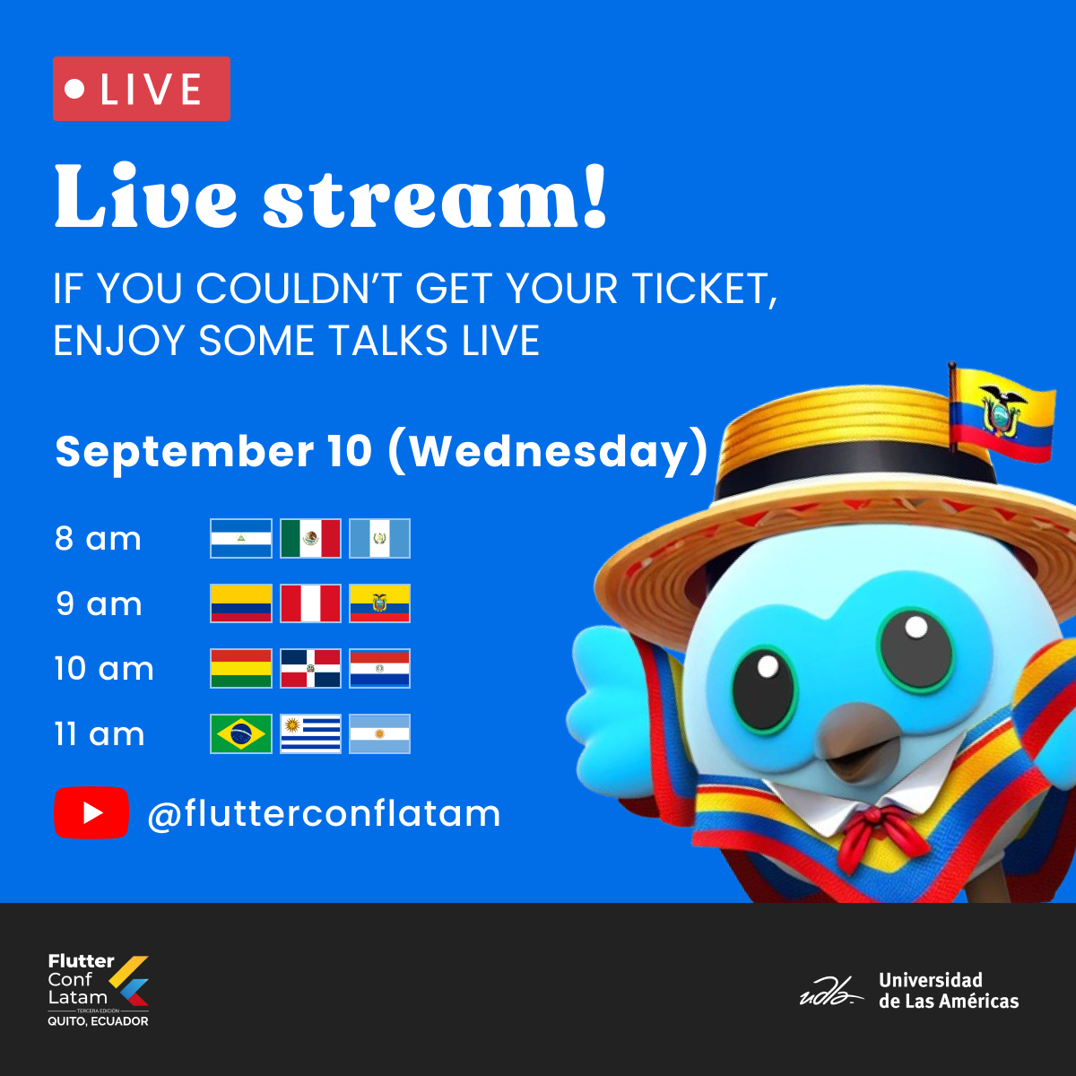 FlutterConfLAT's tweet image. Join us for our live stream of day 2 of #FlutterConfLatam2025! 😉🥳
Enjoy some talks throughout the day on September 10
See you there 👉 youtube.com/live/otOhNE4kT…
Thanks to: @UDLAEcuador 

#FCL25 #FlutterConfLATAM #FlutterCommunity #LatamTech #GoogleForDevs #Dart #flutter