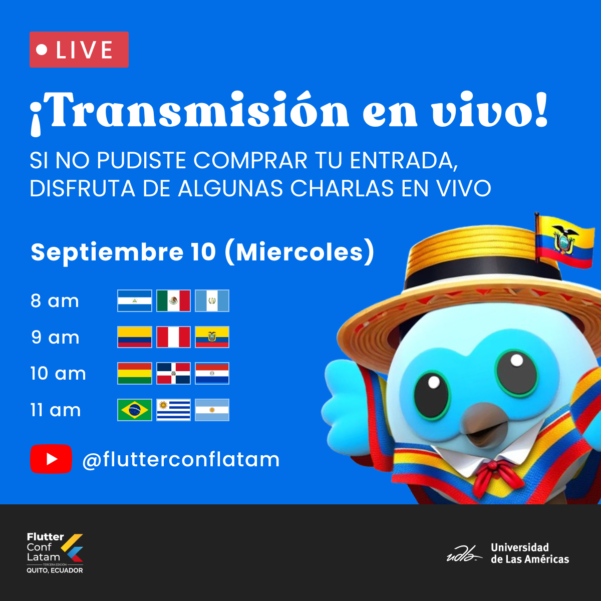 FlutterConfLAT's tweet image. Join us for our live stream of day 2 of #FlutterConfLatam2025! 😉🥳
Enjoy some talks throughout the day on September 10
See you there 👉 youtube.com/live/otOhNE4kT…
Thanks to: @UDLAEcuador 

#FCL25 #FlutterConfLATAM #FlutterCommunity #LatamTech #GoogleForDevs #Dart #flutter