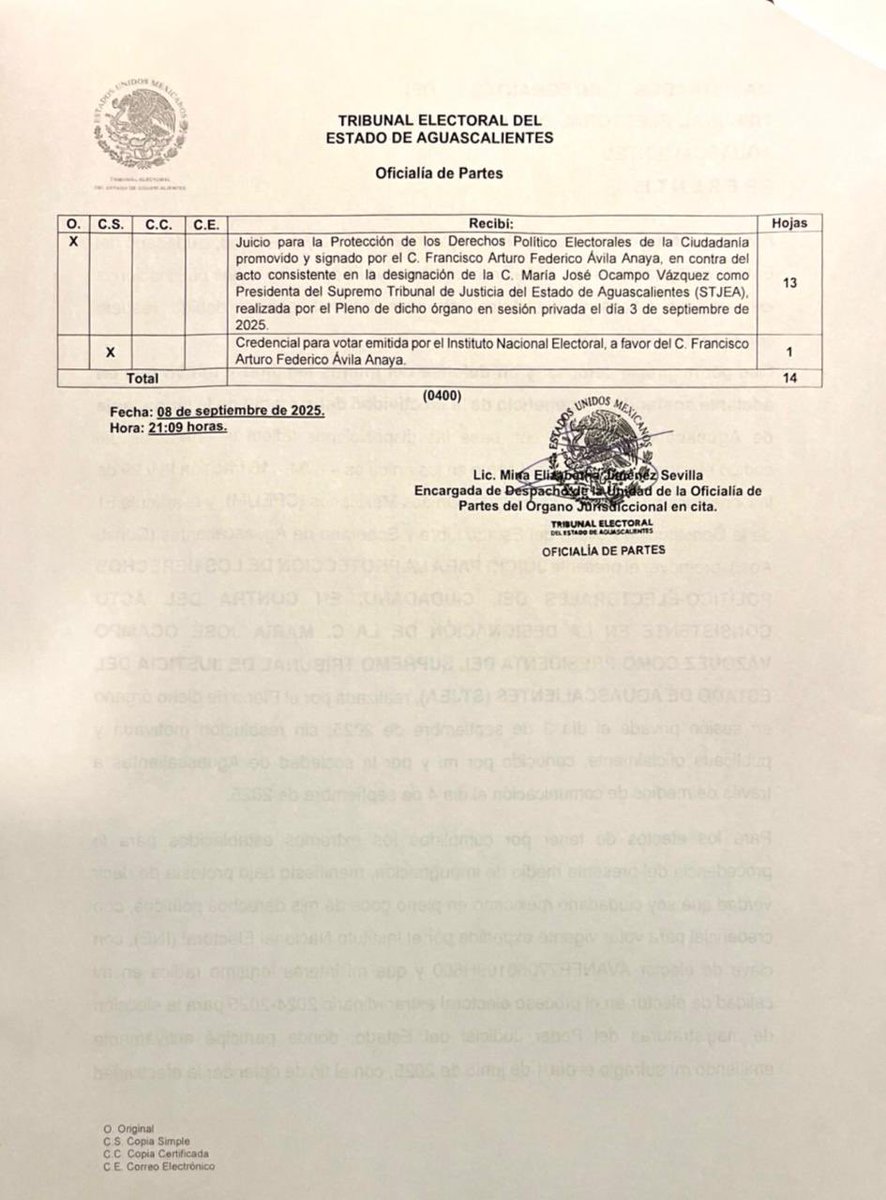 Presenté ante al Tribunal Electoral de mi estado la impugnación en contra de la designación ilegal de María José Ocampo Vázquez como presidenta del Supremo Tribunal de Justicia del Estado de Aguascalientes. 

No se saldrán con la suya.