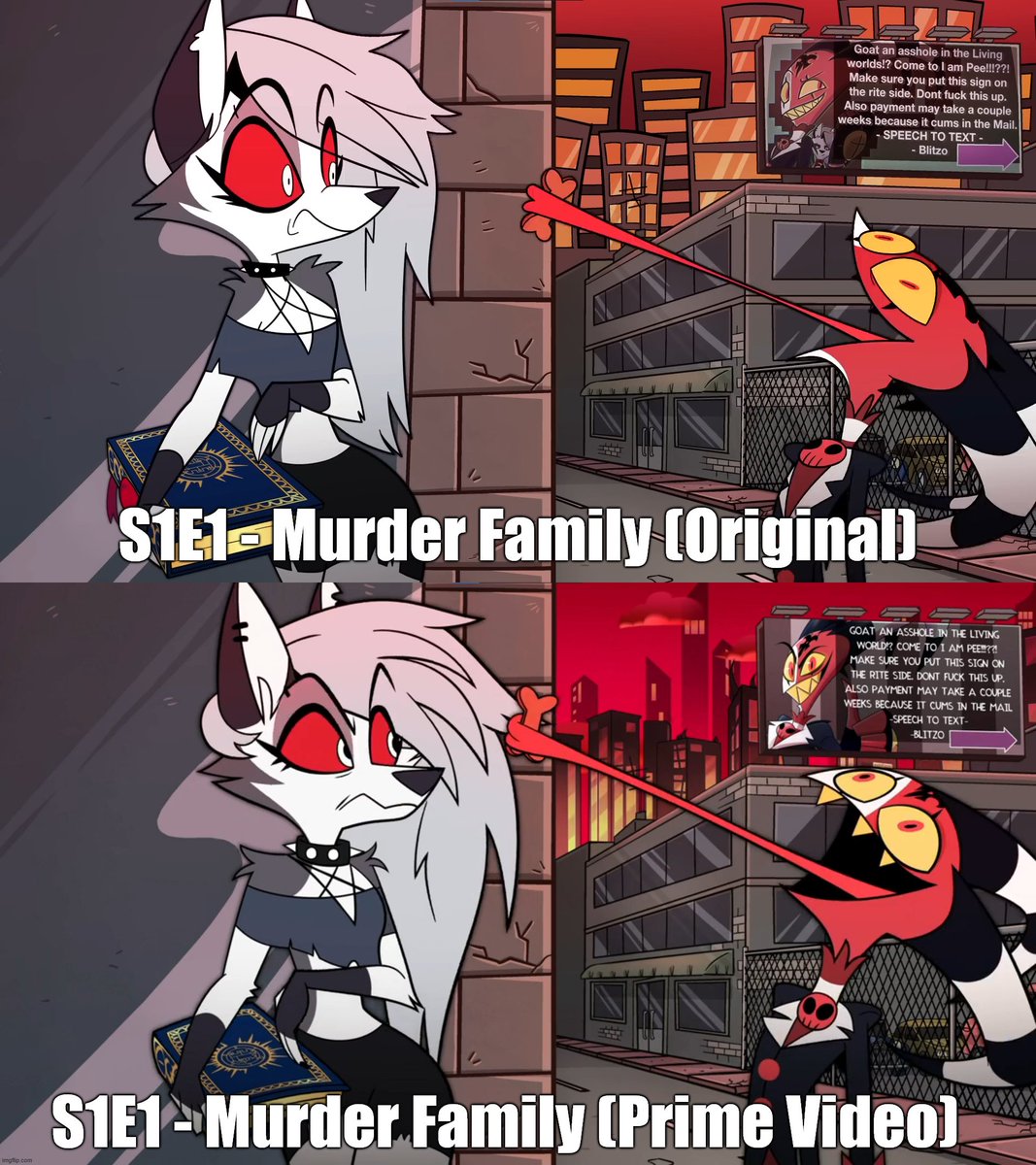 I'm going to analyze all the episodes to see if I can spot any changes they made.
This is the first one I found: the billboard, Loona and Blitzø were redesigned and animated again.
#HelluvaBoss #Hellaverse #HelluvaBossSpoilers