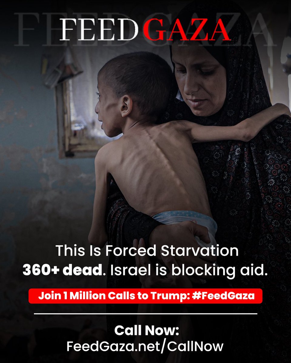 FeedGazaNet's tweet image. 🚨 This Is Forced Starvation

360+ dead—mostly children.

Israel is blocking aid.  

🤝 Join 1 Million Calls to @realDonaldTrump @POTUS to #FeedGaza 

📞 Call now: FeedGaza.net/CallNow